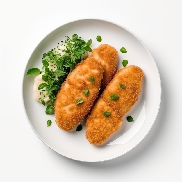 Filets de poisson panés plat danois sur une assiette blanche sur fond blanc directement au-dessus de la vue