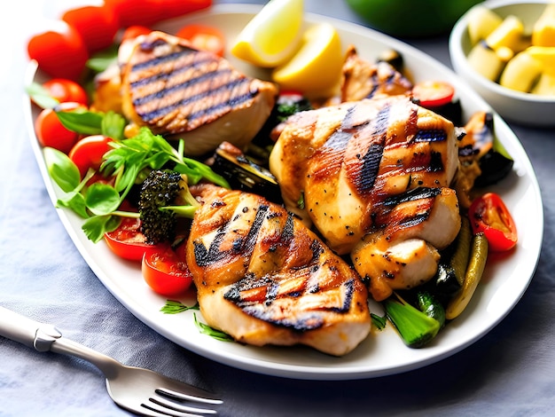 Filets de poulet grillés aux légumes sur une assiette Mise au point sélective AI générative