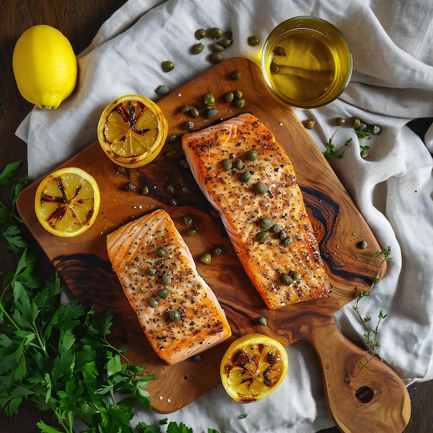 Filets de saumon grillés avec citron et câpres à bord