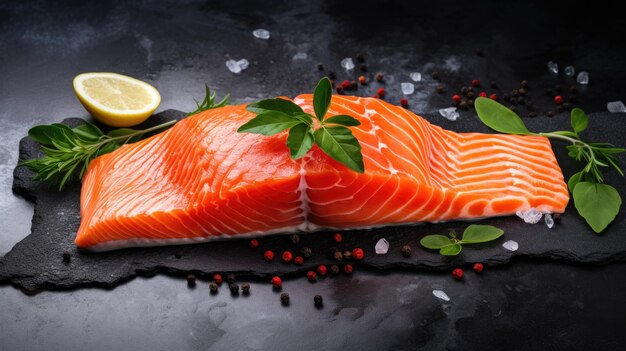 Photo filets de saumon sockeye sur pierre fruits de mer frais du pacifique avec des épices et des feuilles de basilic