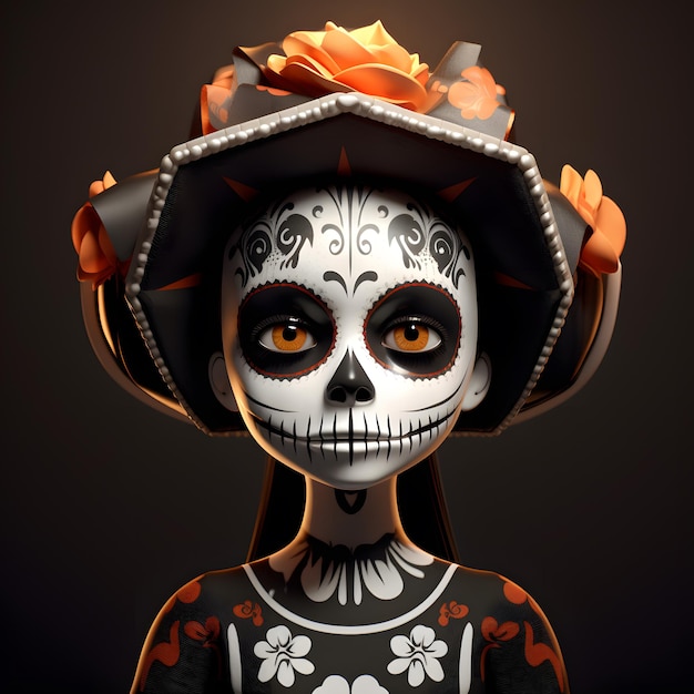 Fille 3d dans le style du jour des morts la catrina