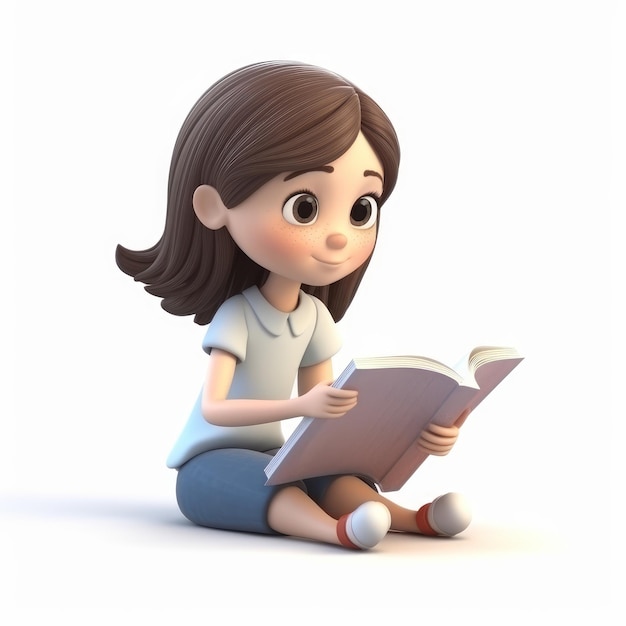 Fille 3D mignonne avec des cheveux courts lisant un livre sur fond blanc IA générative