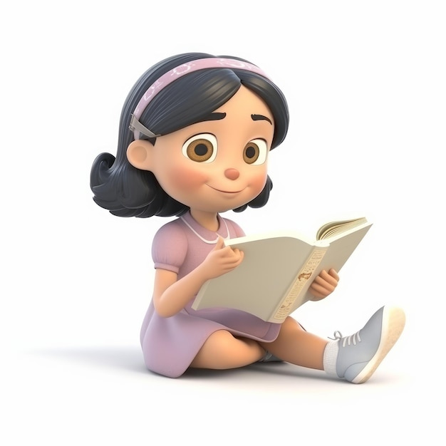 Fille 3D mignonne avec de gros cheveux assis et lisant Livre AI générative