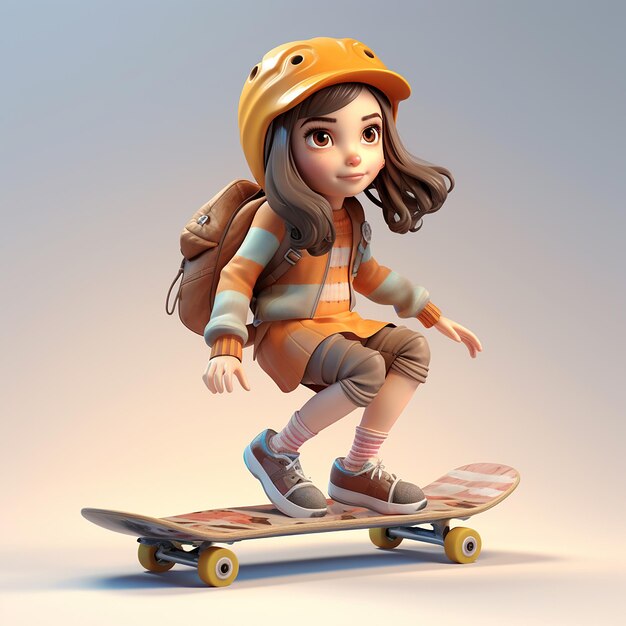 Une fille en 3D sur une planche à roulettes qui aime patiner