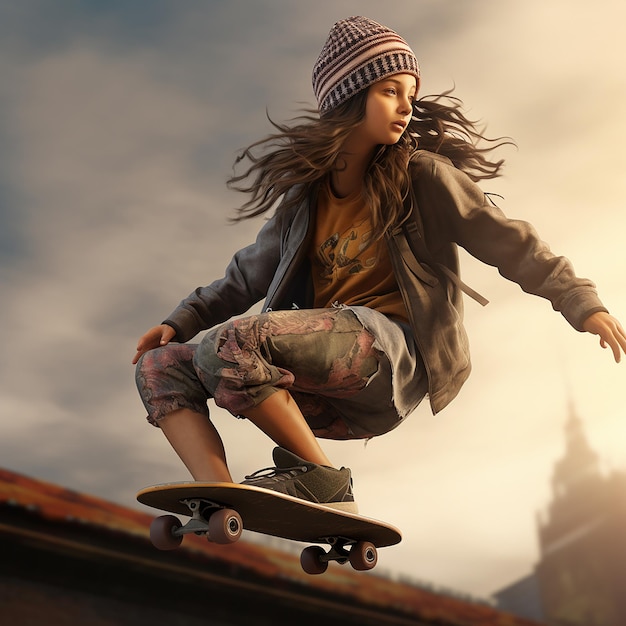 Une fille en 3D sur une planche à roulettes qui aime patiner