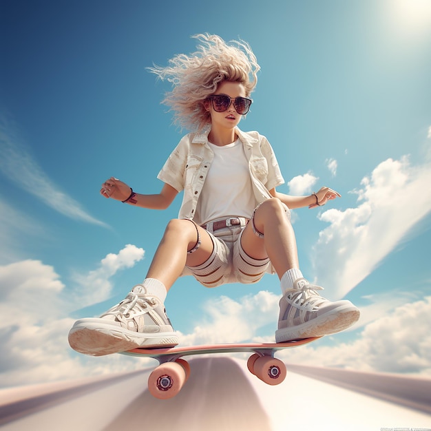 Une fille en 3D sur une planche à roulettes qui aime patiner