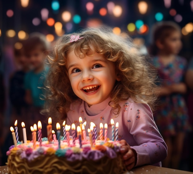 Fille De 5 Ans Célébrant Son Anniversaire Avec Un Sourire Joyeux Près D'un  Gâteau Avec Des Bougies Allumées