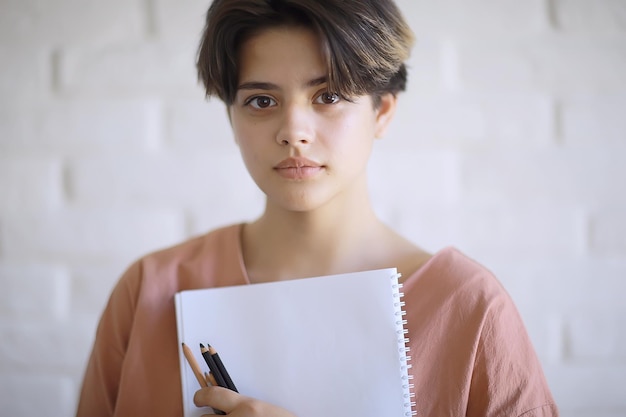 une fille adulte dessine sur des crayons de papier / portrait d'une belle jeune étudiante, éducation à l'école d'art, concept d'éducation artistique