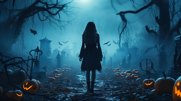 Une fille adulte marche seule dans une forêt mystique effrayante la nuit d'Halloween Scène générative d'IA avec une jeune femme et des citrouilles Hallowen dans un bois magique Concept d'horreur et de mystère Helloween