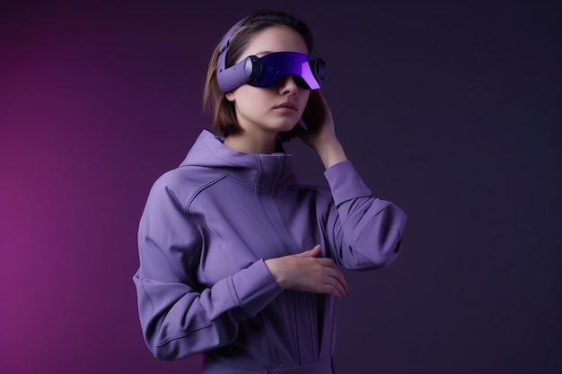 Fille adulte portant des lunettes futuristes et une tenue violette sur fond sombre AI générative