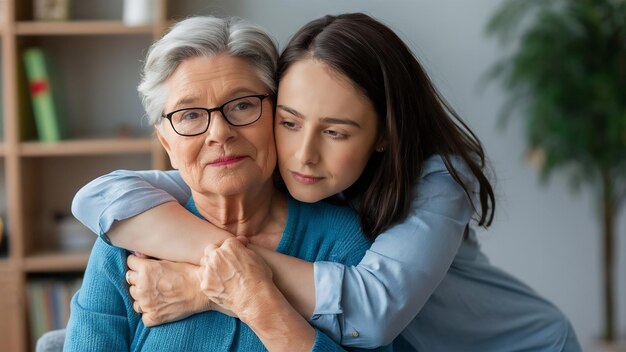 Photo une fille adulte réfléchie qui embrasse sa mère âgée.