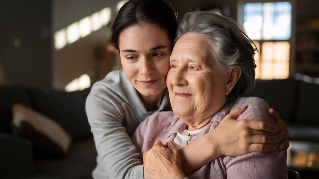 Photo une fille adulte réfléchie qui embrasse sa mère âgée.