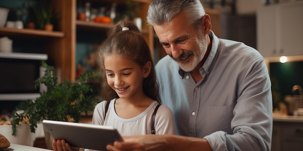 Fille adulte rendant visite à son père aîné à la maison et utilisant une tablette