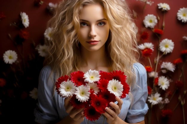 Une fille adulte tient un cœur de fleurs dans ses mains, une idée de Saint-Valentin pour une carte postale