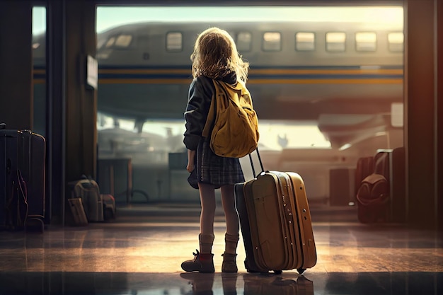 Fille à l'aéroport avant le vol avec des valises pour voyager