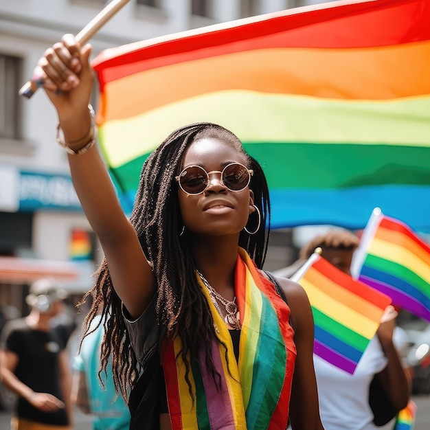 Fille africaine agitant le drapeau lbtqia fierté générative ai