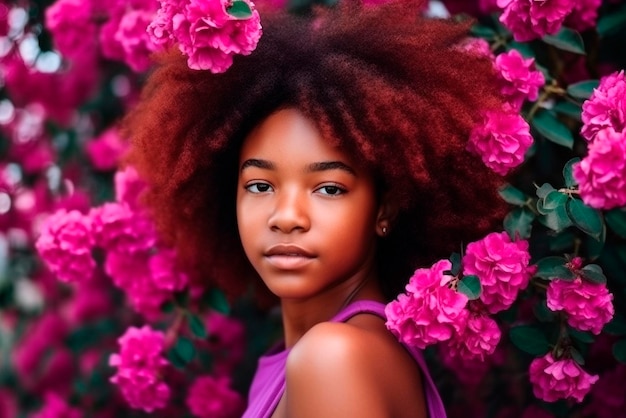 Fille africaine aux cheveux roses bouclés sur fond de bougainvilliers Ai génératif