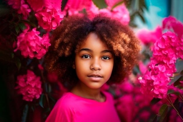 Fille africaine aux cheveux roses bouclés sur fond de bougainvilliers Ai génératif