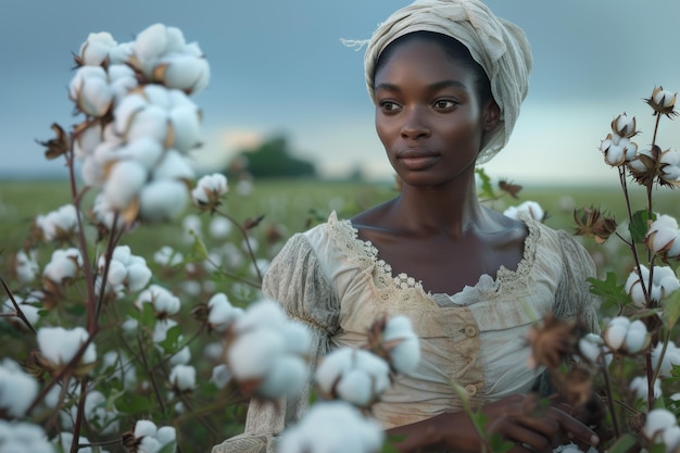 Une fille africaine cueille du coton dans un champ en été.