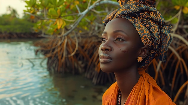 Une fille africaine dans une forêt de mangroves à Zanzibar