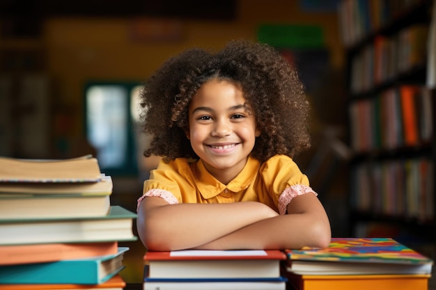 Une fille africaine est assise dans la bibliothèque de l'école avec des livres et sourit