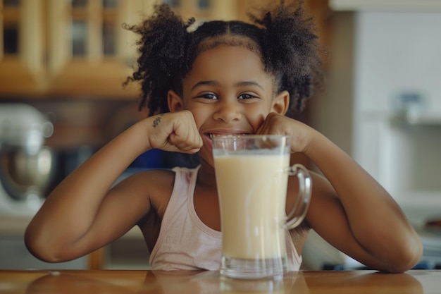 Photo une fille africaine flexe ses muscles avec du lait pour la santé et la croissance.