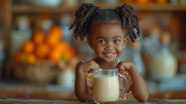 Une fille africaine heureuse, souriante et forte flexe ses muscles avec du calcium dans un verre de boisson saine pour la croissance énergétique et la nutrition