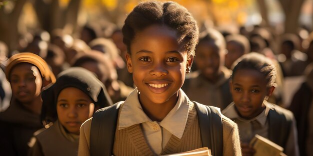 Fille africaine avec des manuels scolaires premier jour d'école Photo de haute qualité IA générative