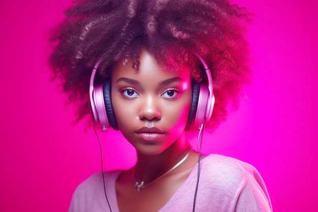 Une fille africaine à la peau noire avec des cheveux bouclés noirs portant des écouteurs roses sur un fond rose