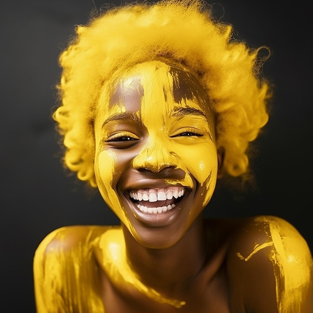 Une fille africaine avec une perruque jaune au visage enduit de peinture jaune rit joyeusement sourit portrait