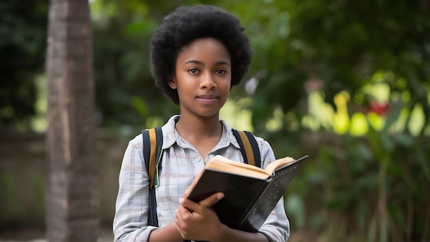 Une fille africaine tenant un livre pour étudier tout en se tenant à l'extérieur