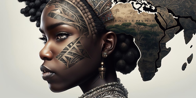 Une fille africaine traditionnelle présentant son tatouage noir de la carte africaine Généré par AI