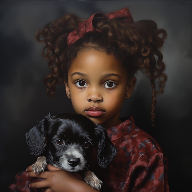 Une fille afro-américaine de 10 ans avec une peinture de chiot noir stylisée