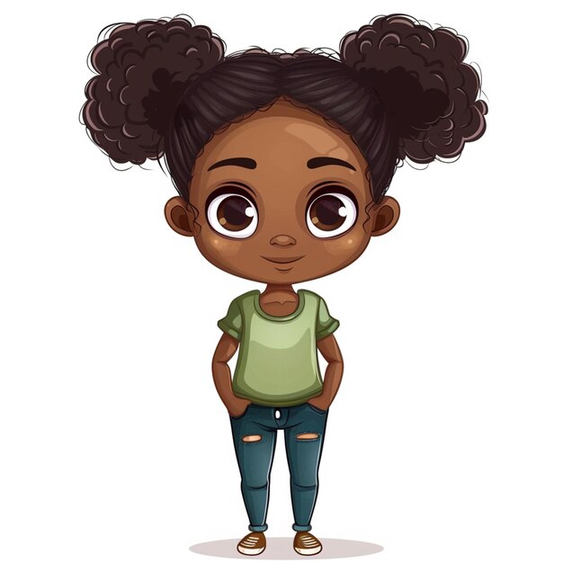 Photo fille afro-américaine de dessin animé avec des cheveux bouclés et des jeans