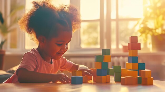 Une fille afro-américaine jouant avec des blocs de bois sur la table