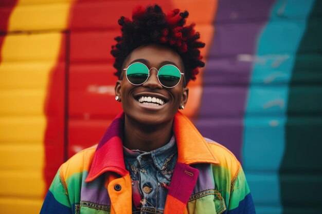 Photo une fille afro-américaine avec des lunettes de soleil souriante sur un mur de rue coloré