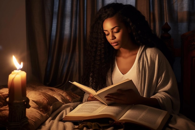 Fille afro-américaine priant avec une bible sur ses mains et des bougies