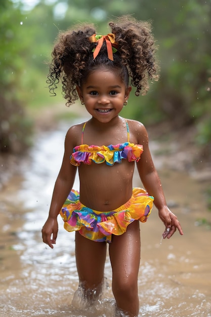 Fille afro-américaine avec des queues bouclées liées par des rubans vibrants Elle présente de grands yeux brillants et p