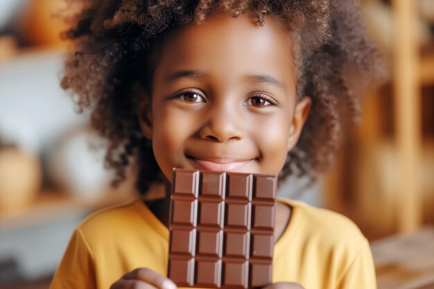 Une fille afro-américaine souriante dévore du chocolat.