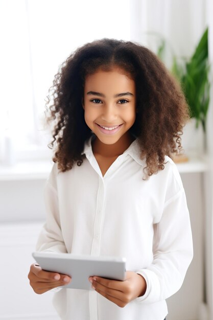 Photo une fille afro-américaine souriante écrit sur une tablette.