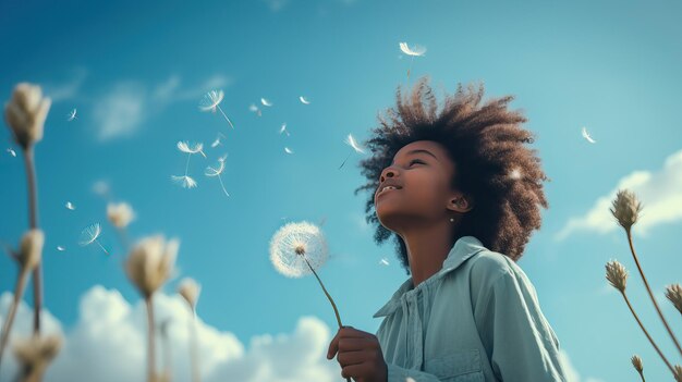 Fille afro-américaine tenant une fleur soufflant un pissenlit debout dans le ciel bleu de la prairie d'été