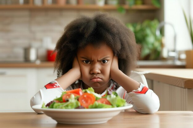 Une fille afro malheureuse rejette la salade mécontente d'un repas sain