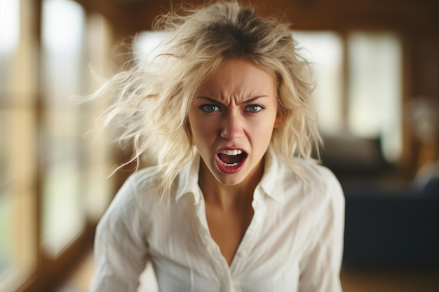 Fille agitée aux cheveux blonds à la maison