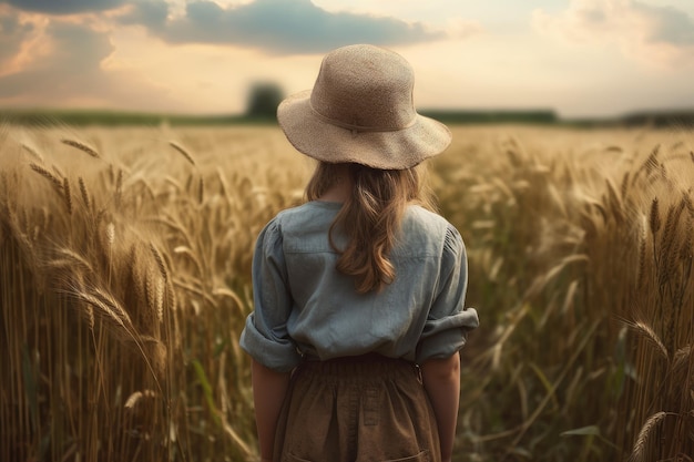 Fille d'agriculteur avec champ de ferme de chapeau Générer Ai