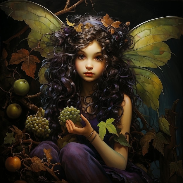 une fille avec des ailes de fée est assise devant une grappe de raisin.