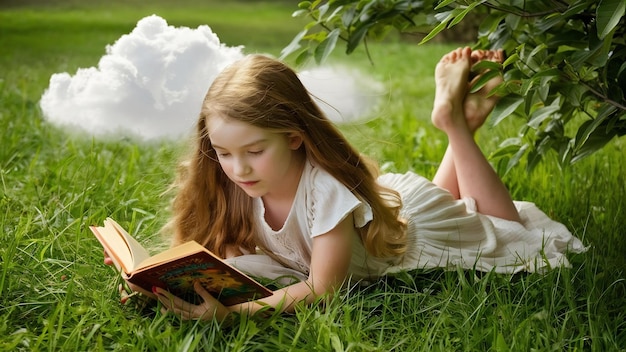 Une fille allongée sur l'herbe et lisant un livre.