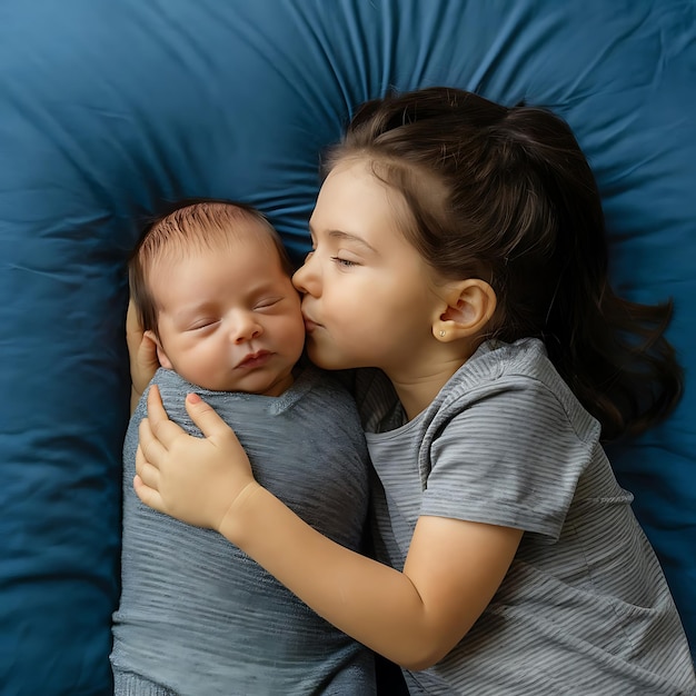 Une fille allongée avec son nouveau frère dans le lit embrassant la joue d'un bébé AI générative