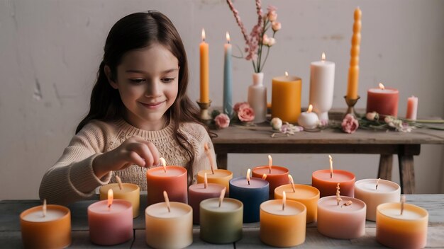 Photo une fille allume des bougies de cire de soja avec une mèche de bois. des bougies faites à la main.