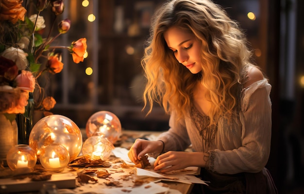 La fille allume des lumières de Noël dans la salle à manger