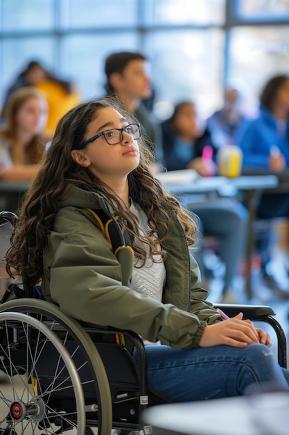 Une fille américaine en fauteuil roulant qui étudie avec d'autres élèves.